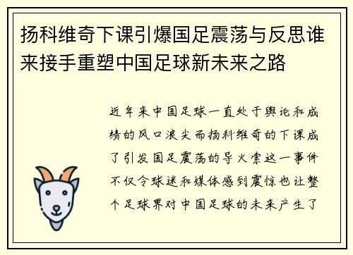 扬科维奇下课引爆国足震荡与反思谁来接手重塑中国足球新未来之路